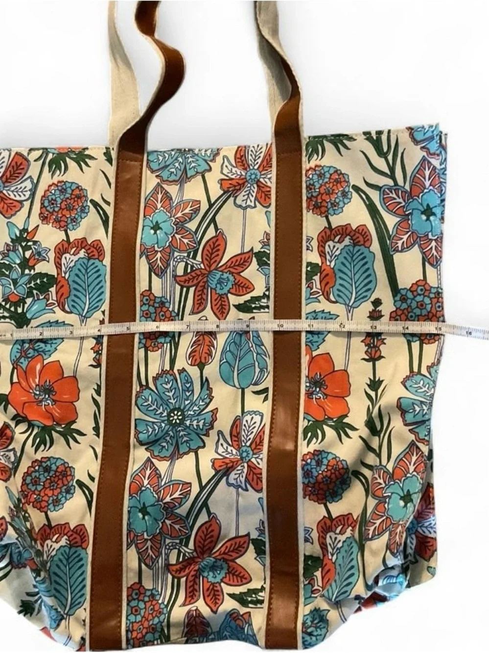 Canvas Floral Tote Bag with Brown Trim - Multicolor